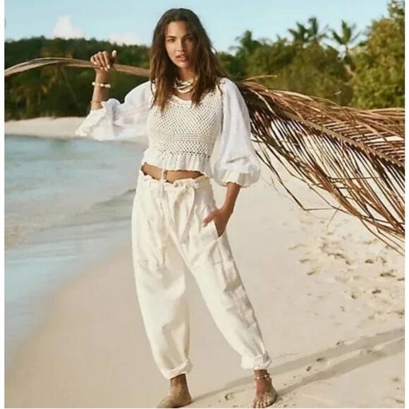 FREE PEOPLE NWT Large Sky Rider Linen Ecru Pants High Rise Paper bag Waist #781 - Picture 1 of 11